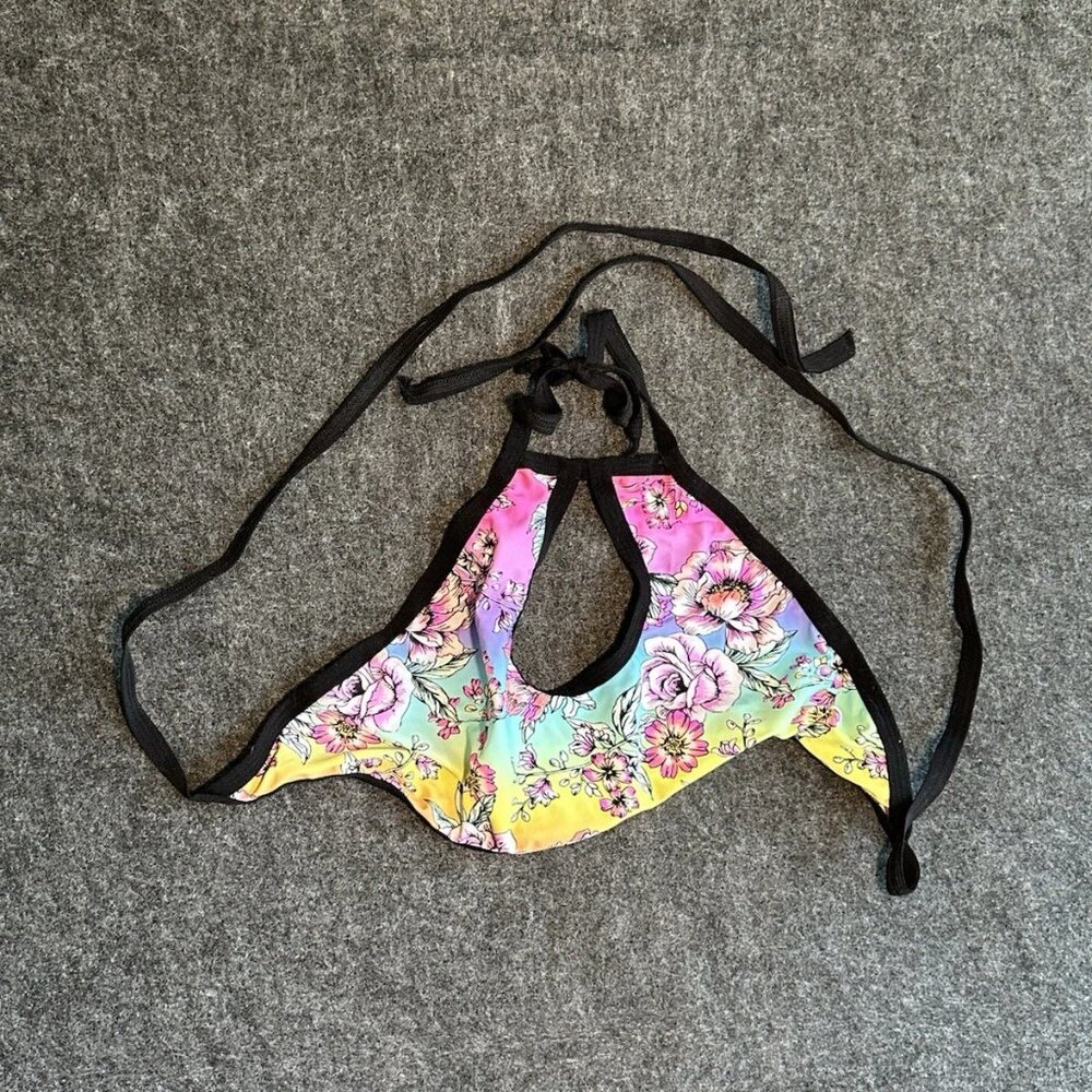 Colorful Floral Halter Cut-out Festival Crop Top Rave Wear Stretch Medium